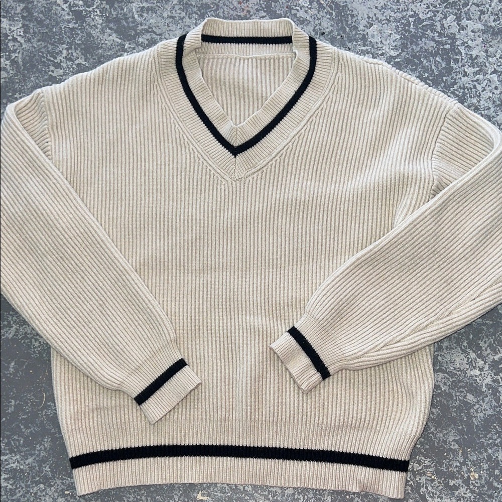 Women's Cream V-Neck Sweater with Black Trim